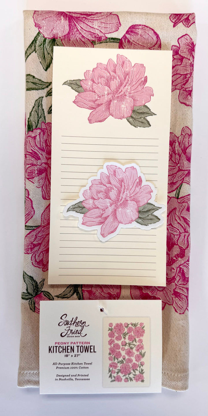 Peony Gift Set - Kitchen Towel, Notepad, & Sticker