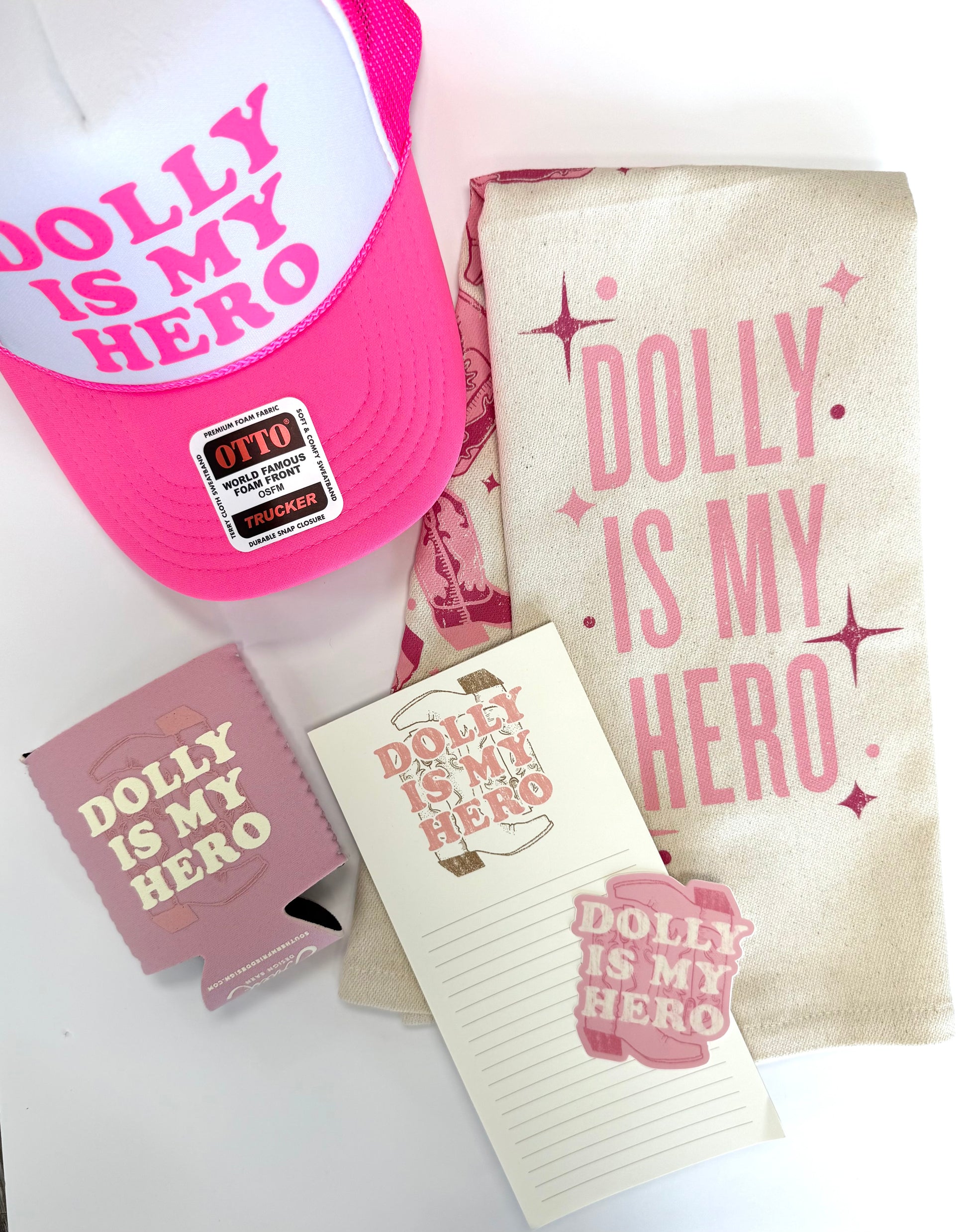Dolly Is My Gift Set - Kitchen Towel, Trucker Hat, Notepad, Coozie & Sticker