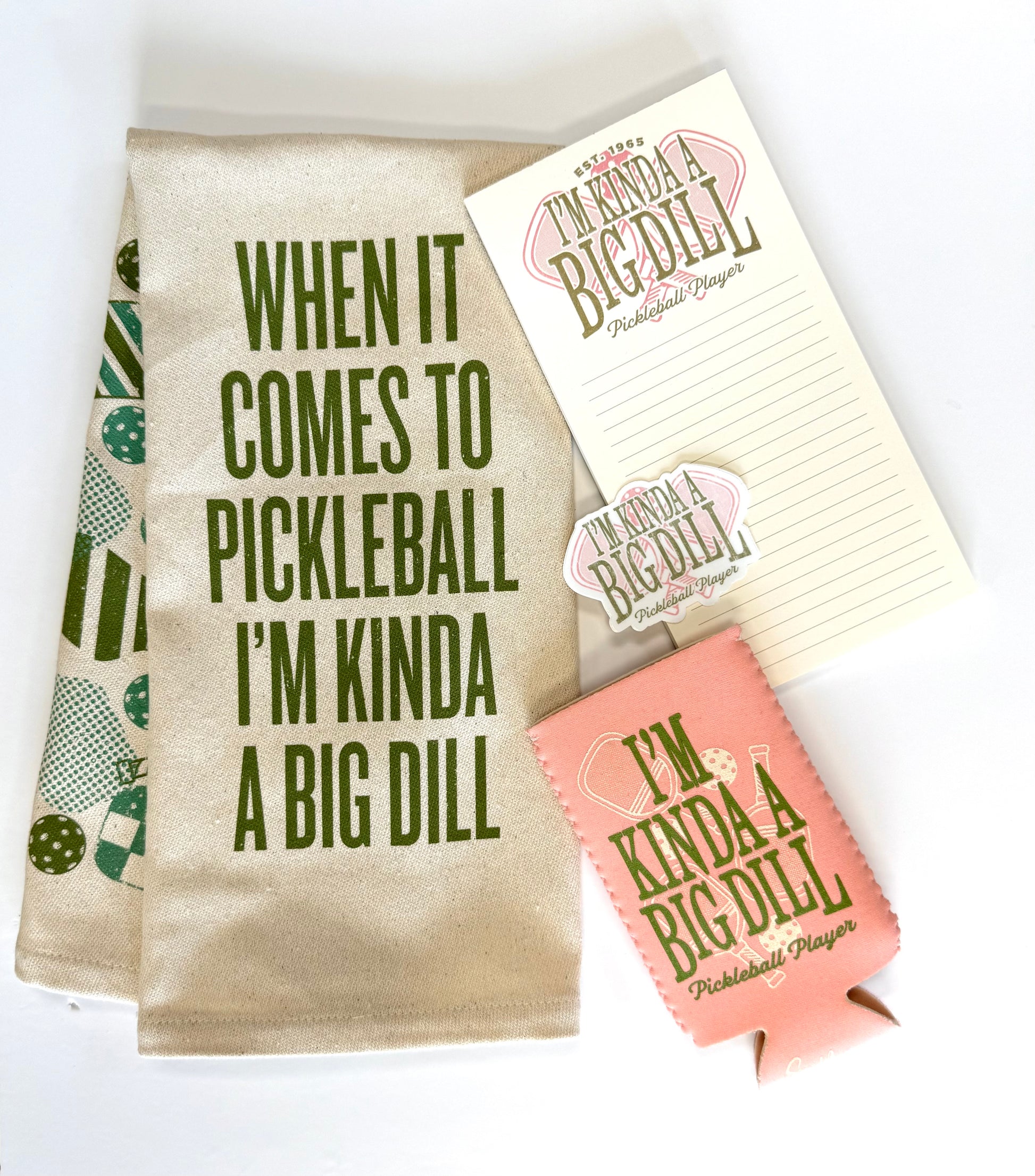 Pickleball Gift Set - Kitchen Towel, Notepad, Coozie & Sticker