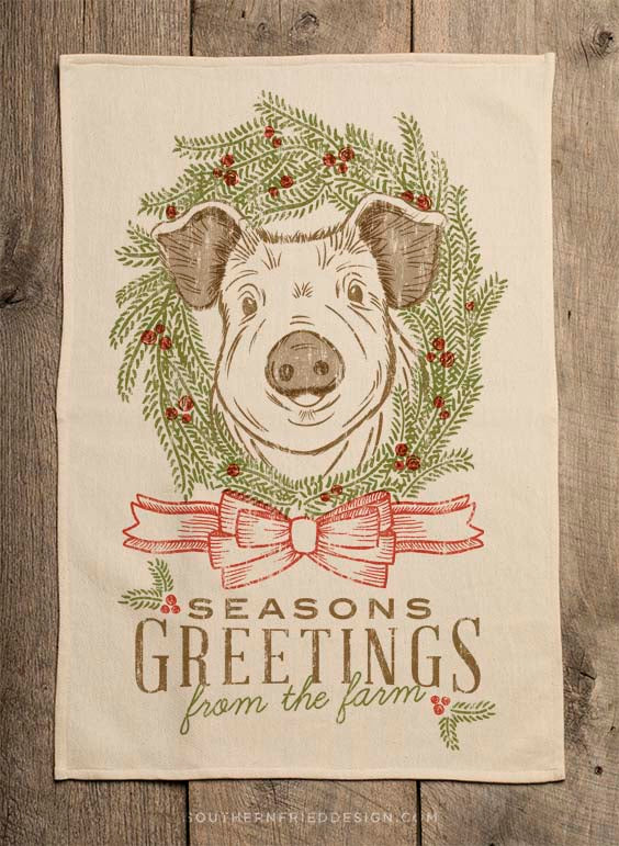 Pig Season's Greetings From the Farm Kitchen Towel